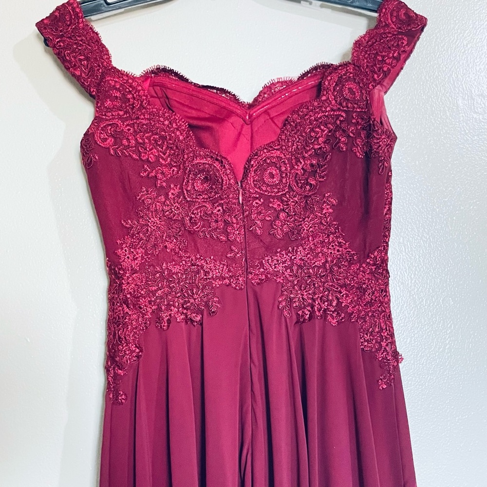 Off-Shoulder Burgundy Evening Gown - Picture 12 of 13